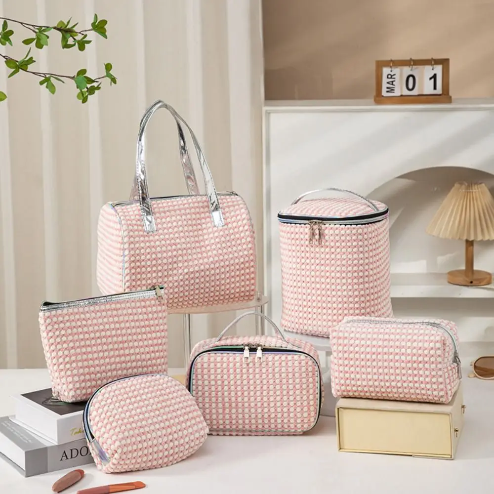 Borsa da donna portatile Borsa morbida per trucco da viaggio con doppia maniglia Organizzatore di archiviazione di grande capacità Custodia cosmetica casual per la casa