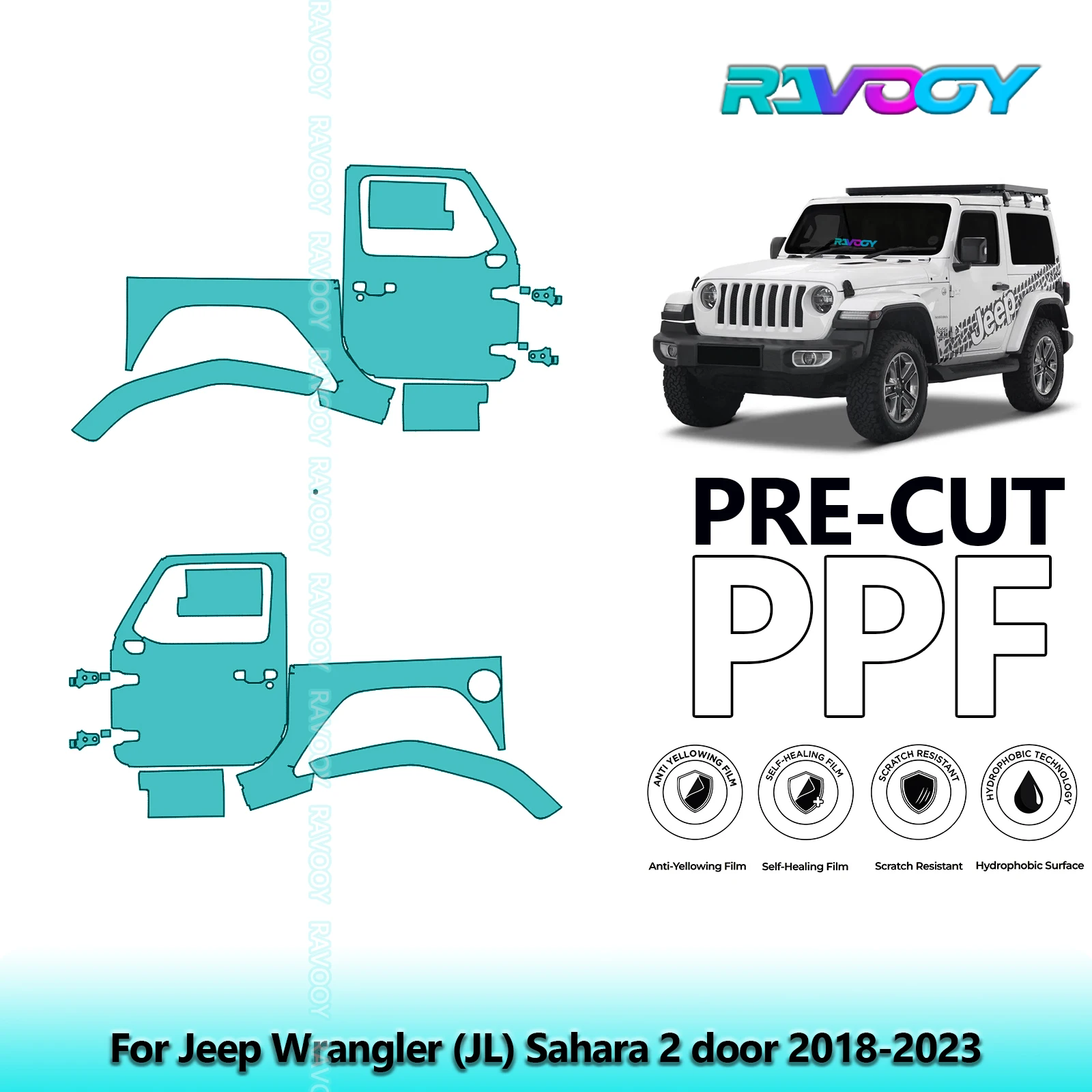

For Jeep Wrangler (JL) Sahara 2 door 2018-2023 8.5mil Pre-Cut PPF Door & A/B Pillar Kit TPU Paint Protection Film Set