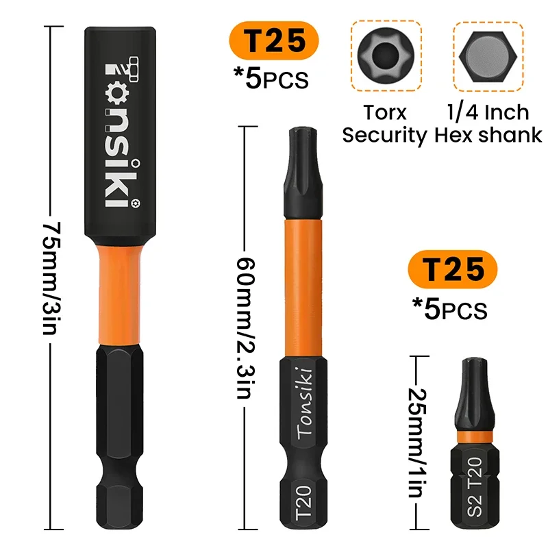 11Pcs T20 T25 Torx Screwdriver Bits Set Security Torx Bit Set Magnetic Torx Impact Driver Bit with Holder
