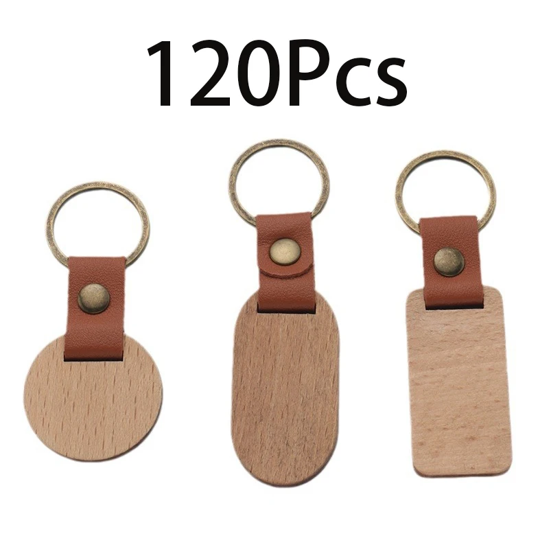 120Pcs Wooden Round Keychains Retro Rectangle Key Chain Beech Metal Keyring