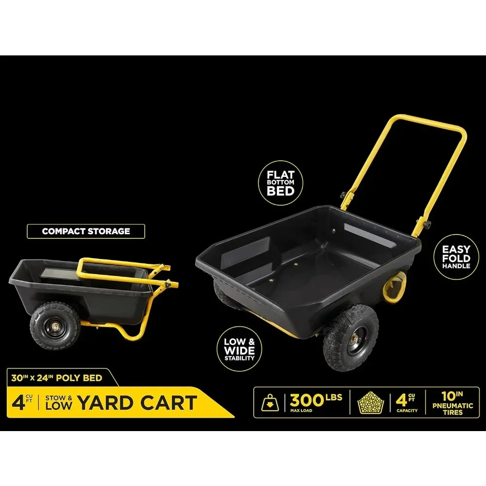 FOR GCR-4 Poly Dump Cart, 2-Wheel Garden Wagon With Foldable Handle, 4 Cu Ft, 300 Lb. Capacity, Black/Yellow