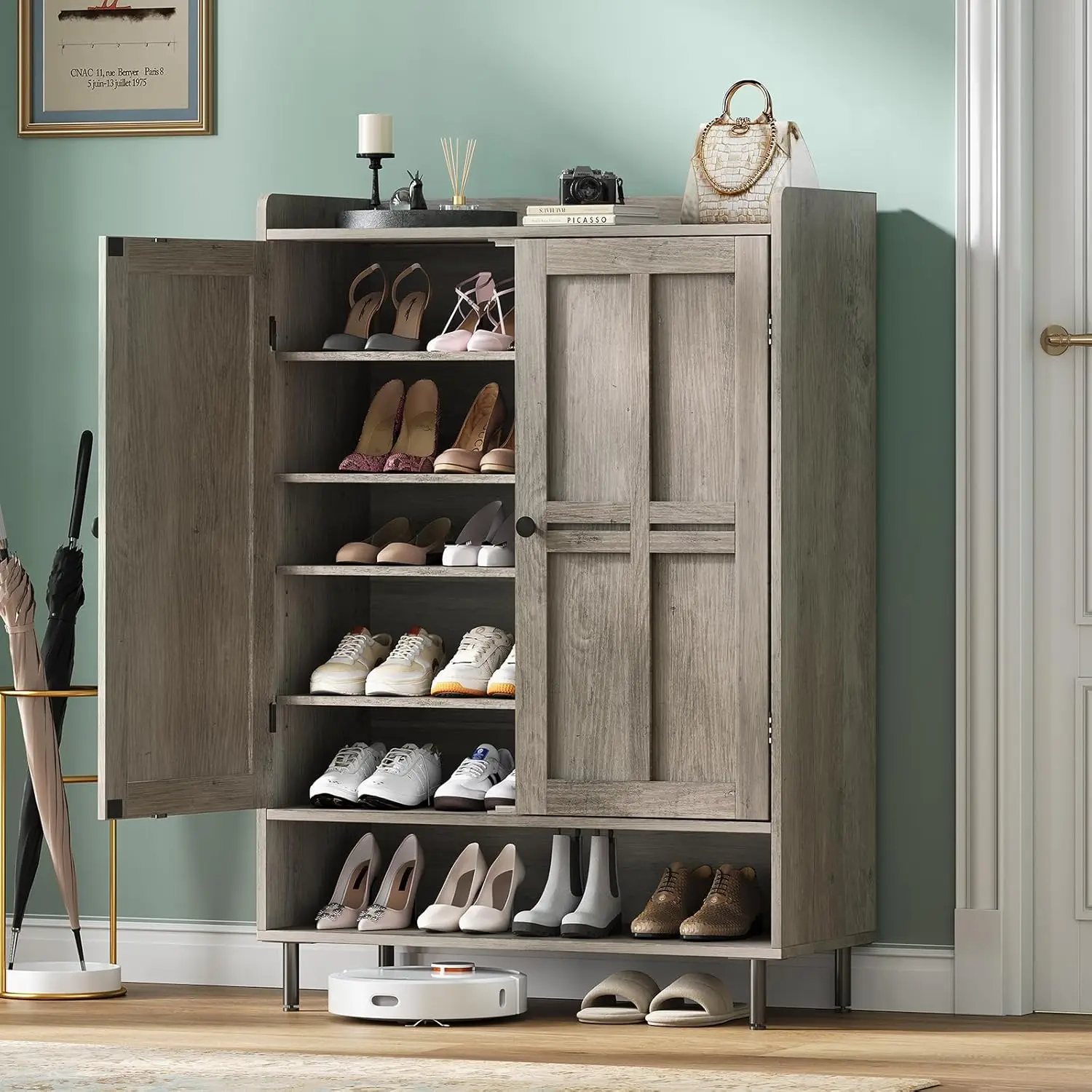 Shoe Cabinet 2 Doors 6-Tier 3 Adjustable Shelves Metal Legs 45'' Tall Entryway Front Door, Customized