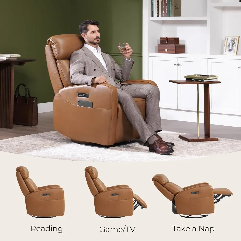 Leather Power Swivel Recliner Chair,for Living Room with Adjustable Headrest,Electric Rocker Recliner