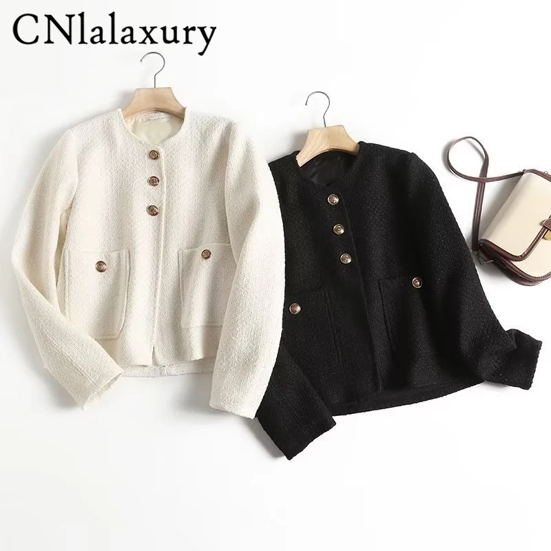 CNlalaxury Autumn Woman Milky Crew Neck Short Jacket Vintage Long Sleeves Double Pocket Outerwear Slim Fit Button Jackets Top