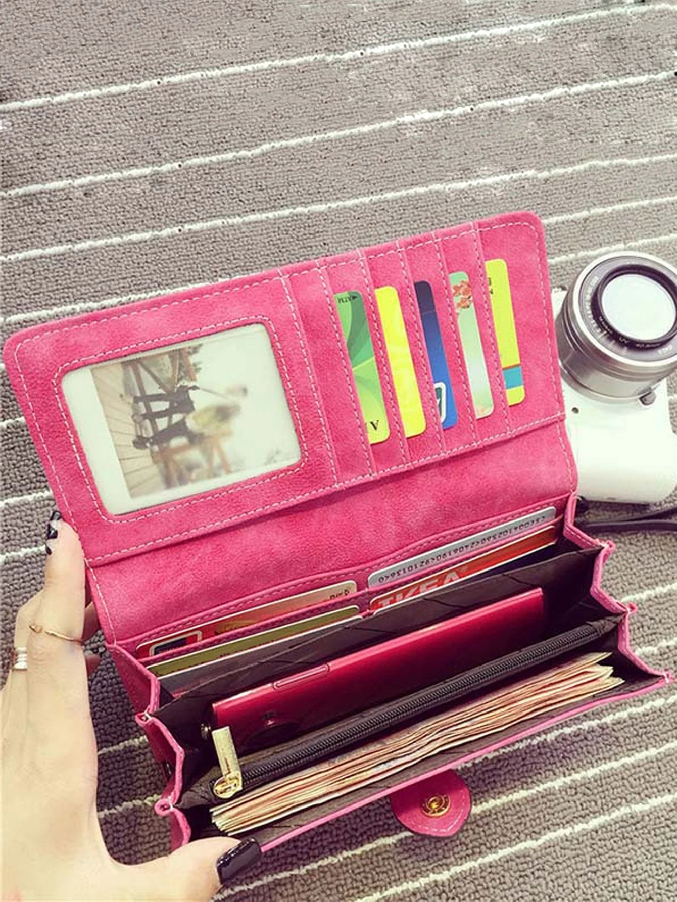 محفظة نسائية طويلة أنيقة بفتحة متعددة للبطاقات، محفظة من جلد البولي يوريثان لطيفة ومتعددة الاستخدامات ومزدوجة الطي من الجلد الناعم لبطاقة الائتمان بدون محفظة #3