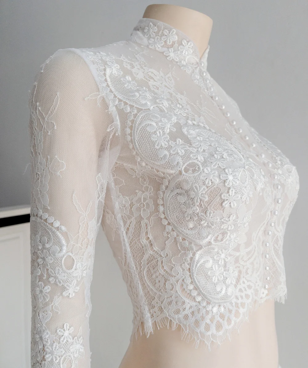 Elegant Formal Wedding Top High Neck Floral Lace Long Sleeves Pearls Button Bridal Shrug Custom Bride Jacket Boleros