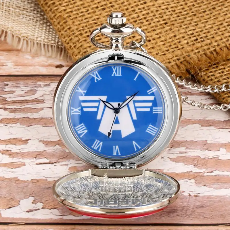 Star Shield Design Anime Clock Blue Roman Numbers Display Quartz Pocket FOB Watch with 80cm/30cm Necklace Hook Chain