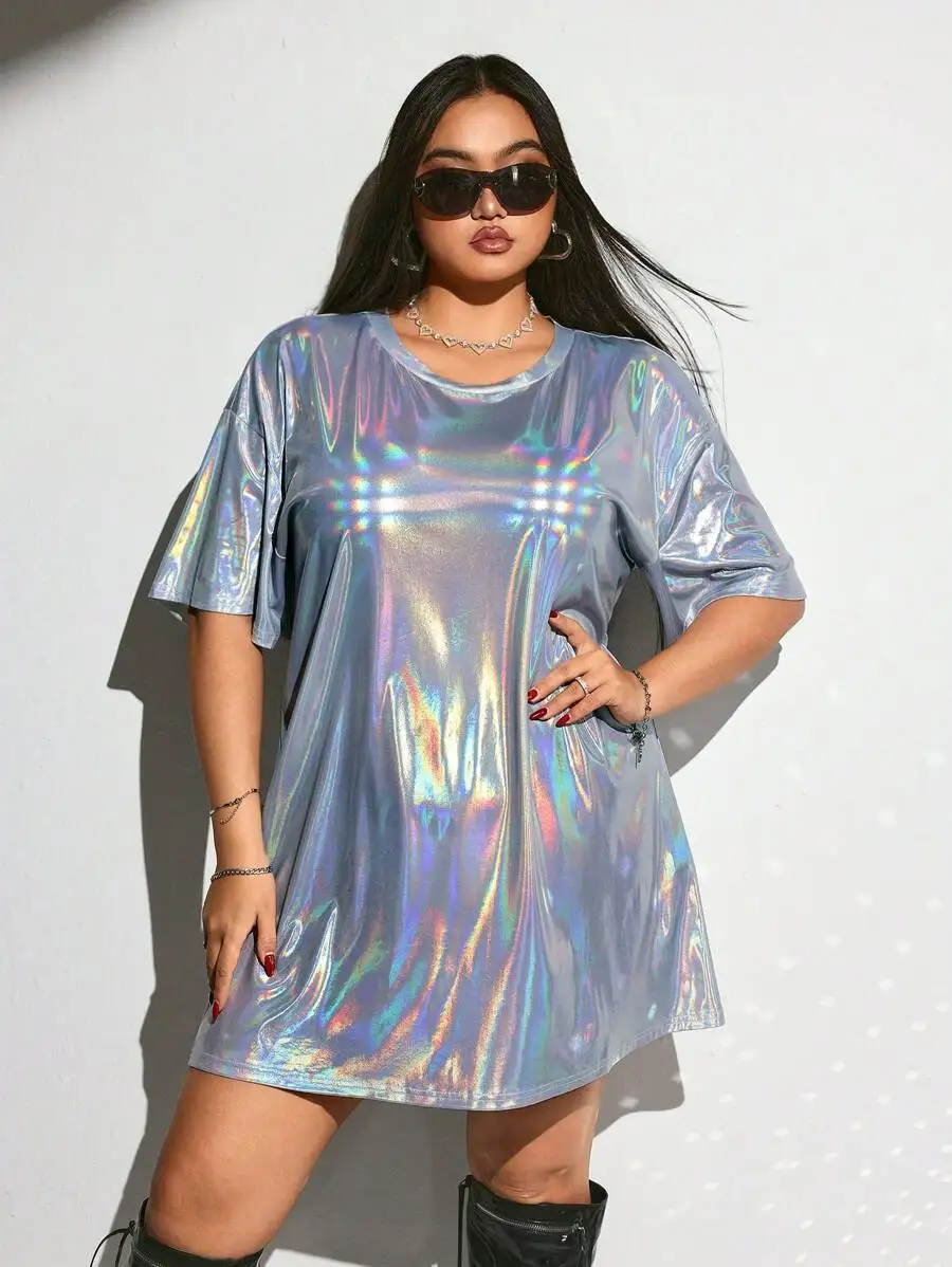 

Holographic Oversized Mini Dress - Round Neck Short Sleeve Loose Fit