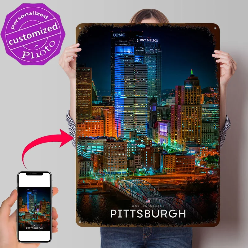 Pittsburgh Skyline At Night 3D Printed Texture Poster Personalized Wall Art Retro Metal Tin Signs for Wand Deko Room Decor House