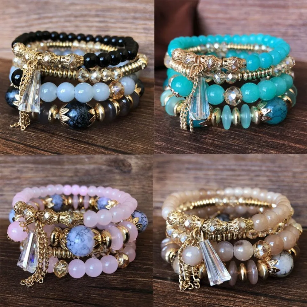 4pcs Set Creative Bohemian Multi-Layer Beaded Crystal Tassel Pendant Bracelets for Women Fashion Vacation Stackable Jewelry Sets