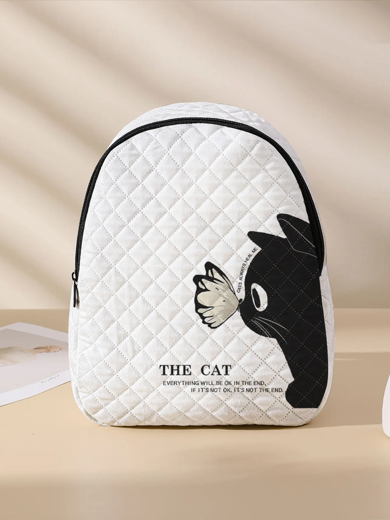 Black Cat Butterfly Print Quilted Compact Backpack, Suitable For Outdoor, Travel, Campus, Unisex For Men And Women Daily Use view 4