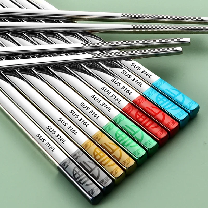 316 Stainless Steel Chopsticks Household Non-slip Anti-scald Square Chopsticks Five Pairs Tableware High Temperature Resistance