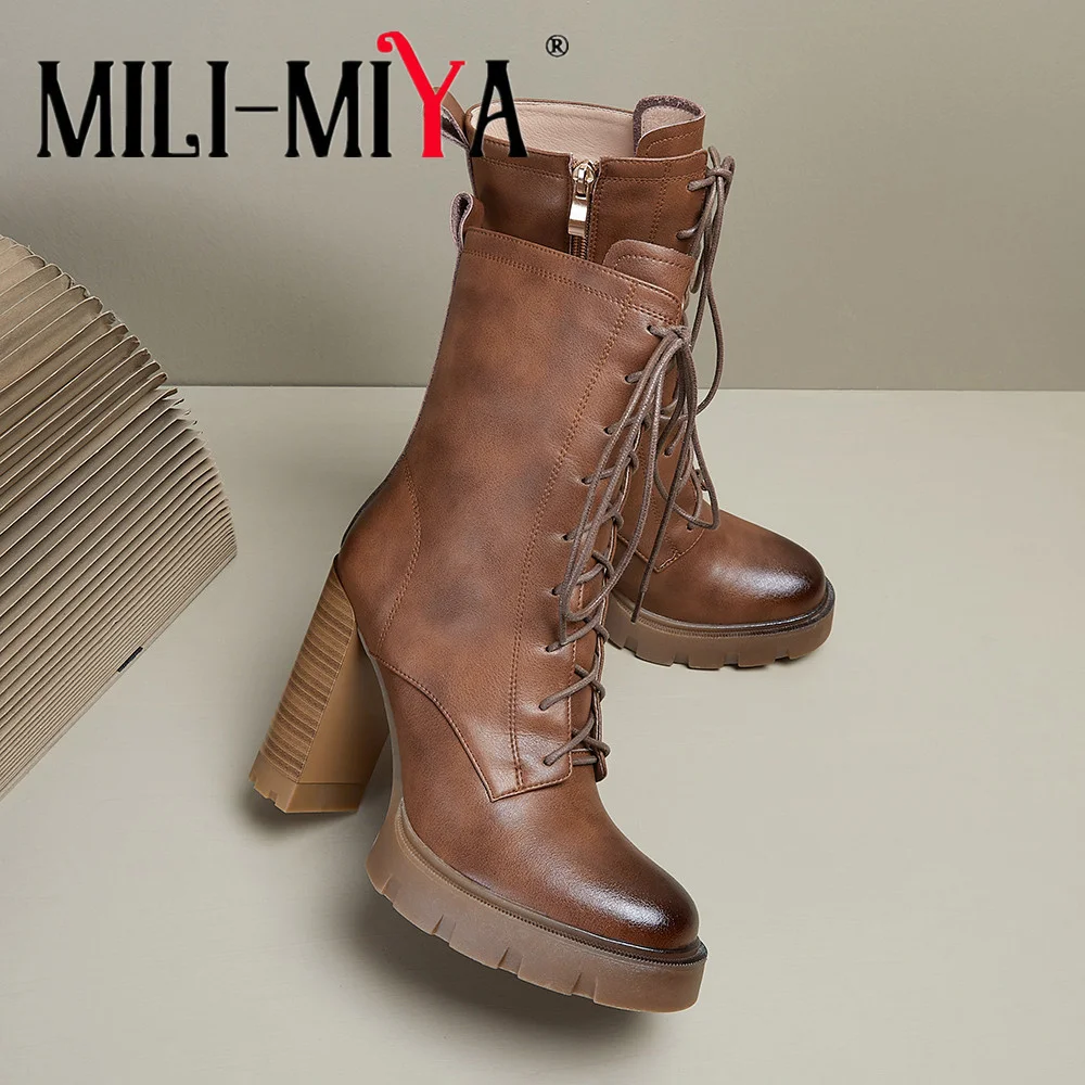 MILI-MIYA Fashion Super High Thick Heels Women Cow Leather Ankle Boots Round Toe Solid Color Zippers Big Size 34-40 Handmade