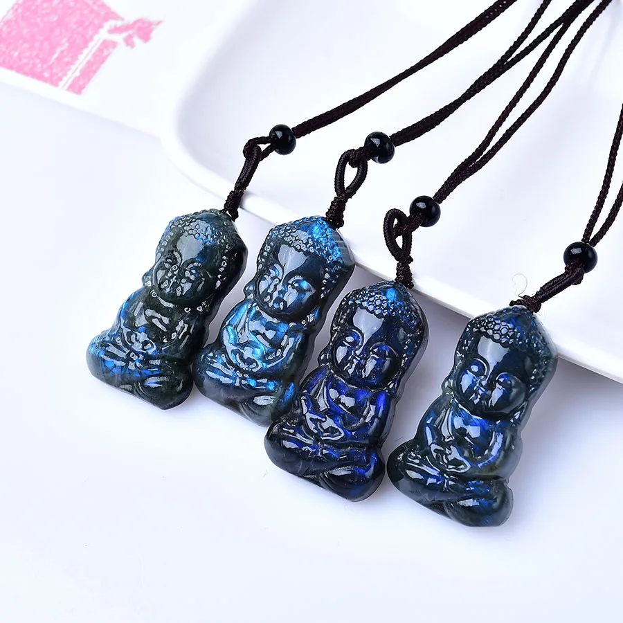 1PC Natural labradorite Carved Baby Buddha Pendant Hand Fengshui Statue Quartz Amethyst Healing Crystal Figurine Craft Decor Gif