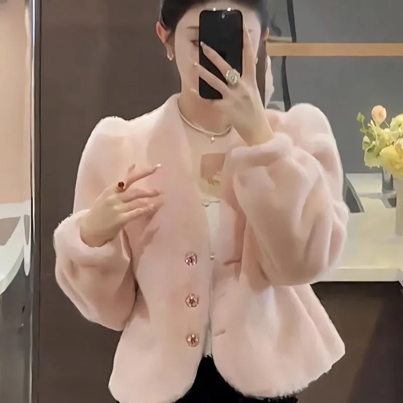 Women's Sweet Fairy Fall Winter Fur Coat Long-sleeved Warm Short Faux Jacket V-neck Senior Simple Comfortable Brand Fashion