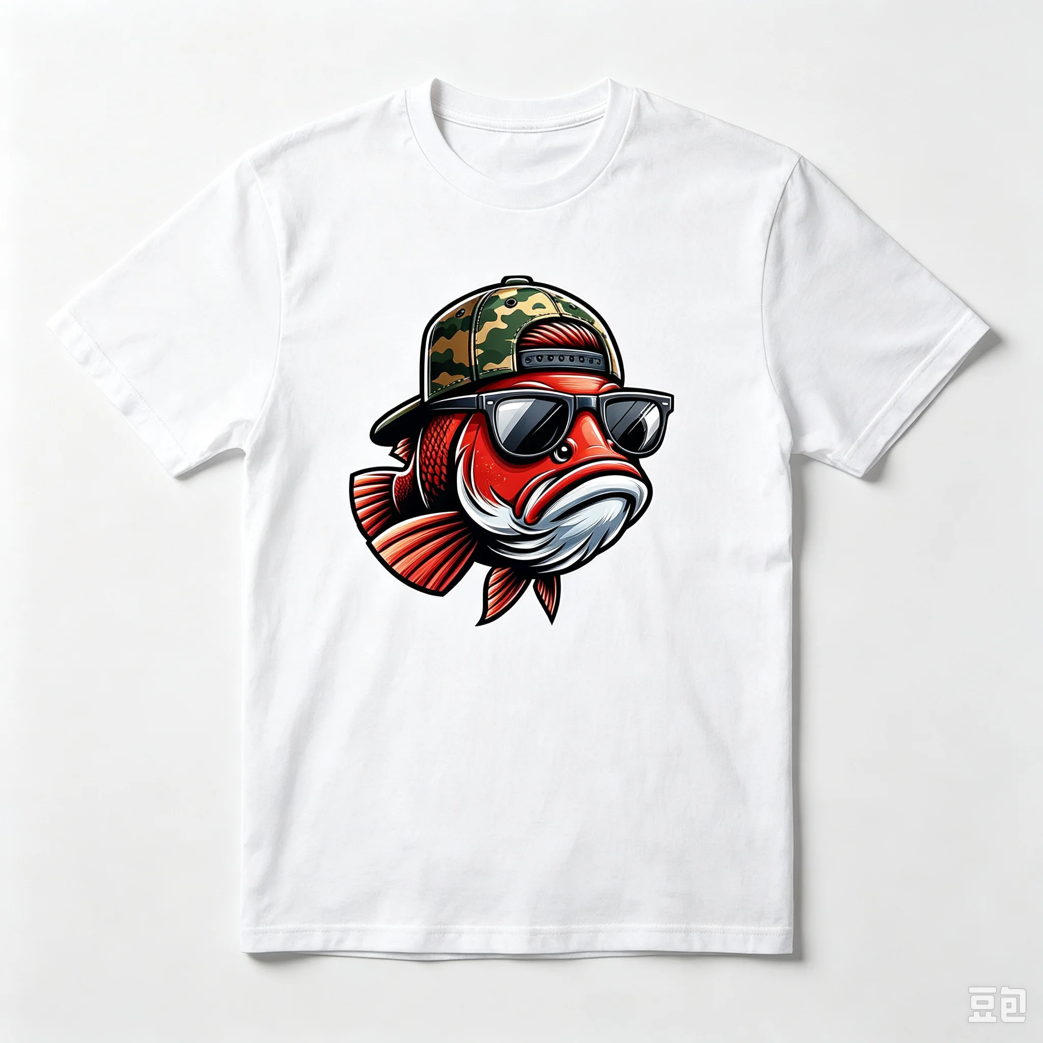 Men White T-Shirt Funny Hip Hop Red Fish Printed Graphic Tee Camo Hat Sunglasses Top for Angler Summer Casual Wear