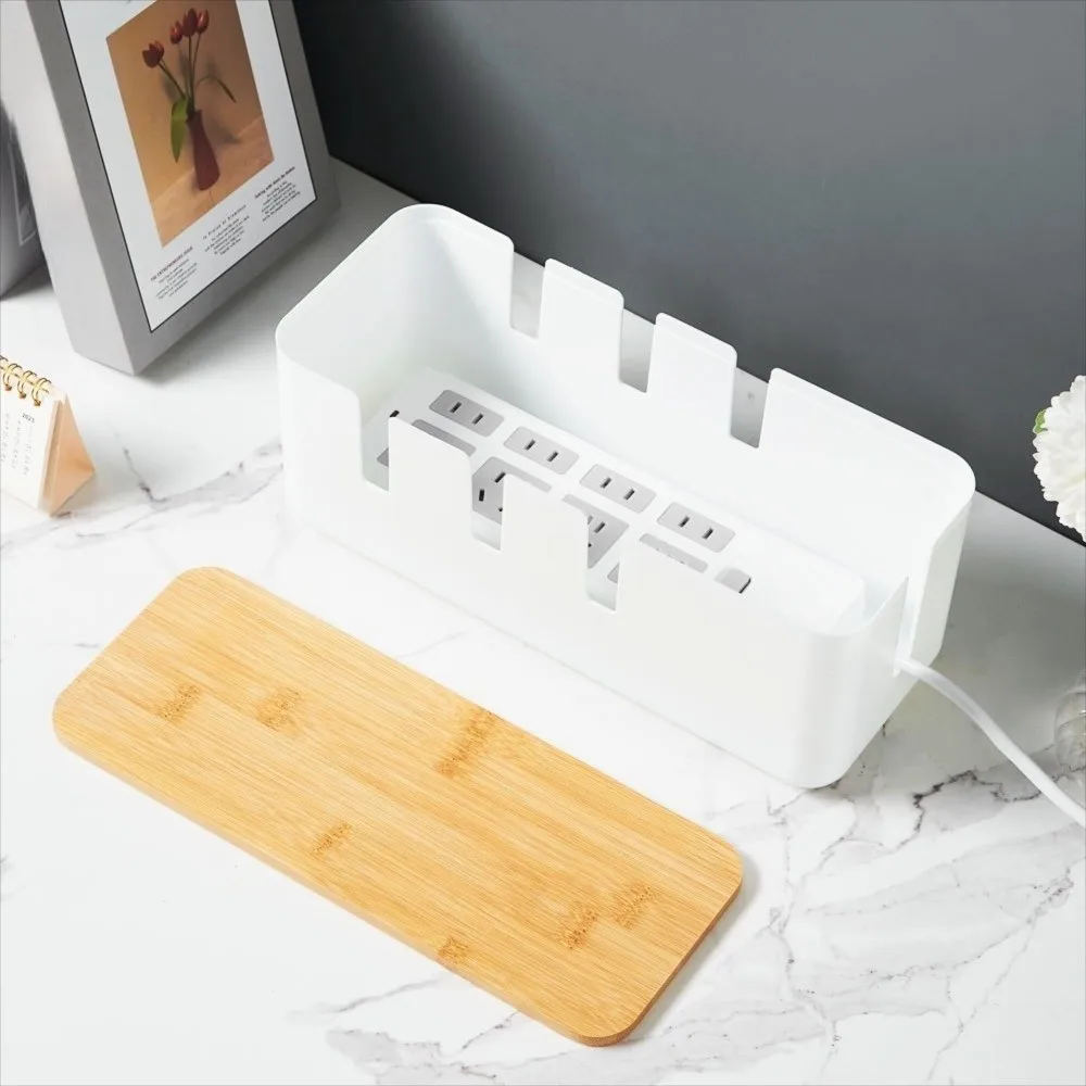 

Plastic Household Cable Management Box with Wooden Lid Dustproof Desk Power Cable Box Storage Bin Space Saving Power Wire Case