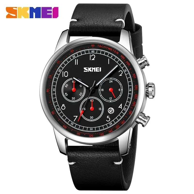 SKMEI 9318 Men Watch Casual Genuine Leather Strap Stopwatch Waterproof Date Week Clcok Quartz Wristwatches Male reloj hombre