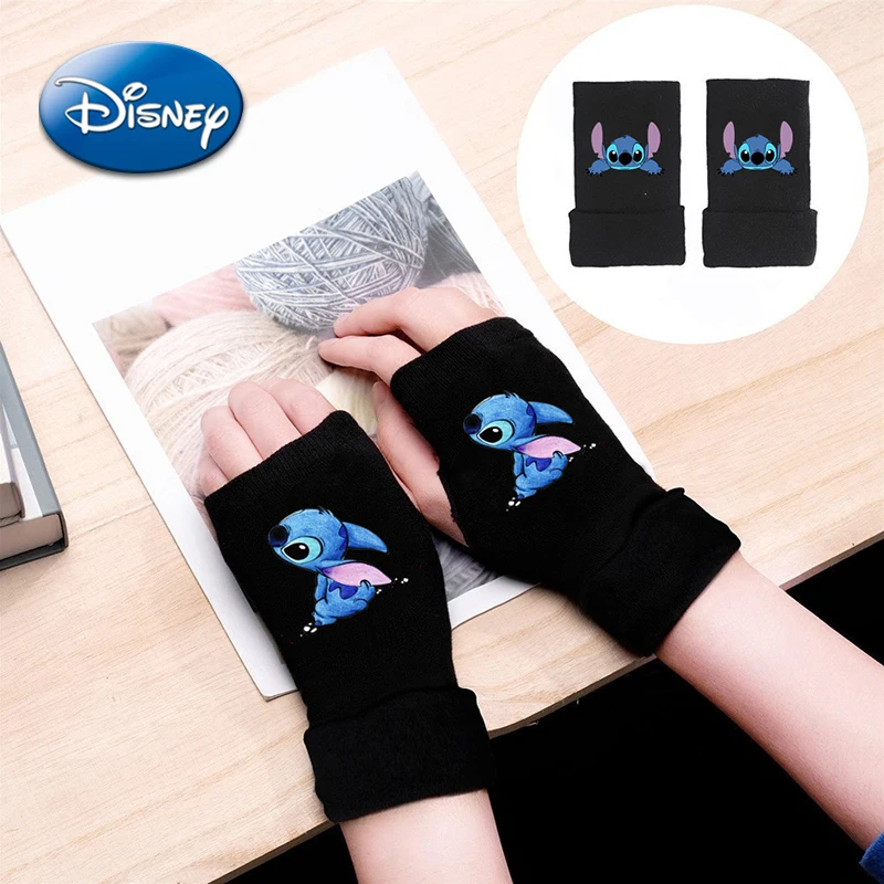 Disney Lilo and Stitch Cotton Gloves Cartoon Anime Figure Mittens Knitted Printing Fingerless Glove Winter Warm Students Writing