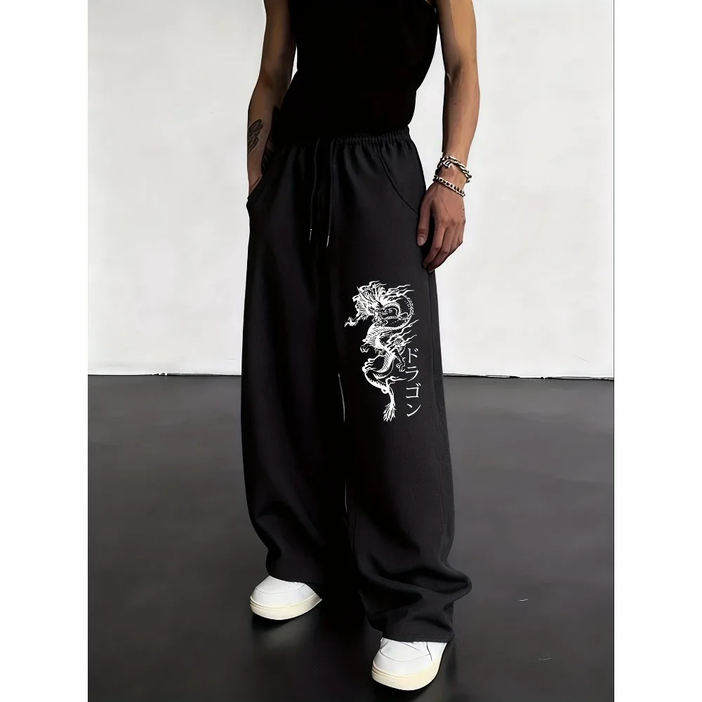 Men's dragon pattern printed drawstring waistband sports pants, regular casual and comfortable jogging pants, classic versatile