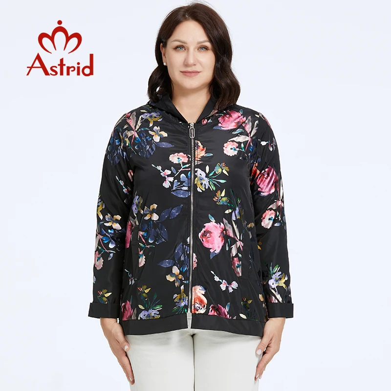 Astrid Women\'s Jacket Thin Windproof Coat Oversized Fashion Flower Print Trends Female Windbreaker with Zipper Hooded Streetwear