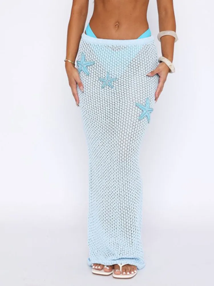 

Fashion Solid Beach Knitting Women's Casual Low Waist Maxi Skirt 2026 Summer New Beachwear Spice Girl Bikini Cover Up Skirts