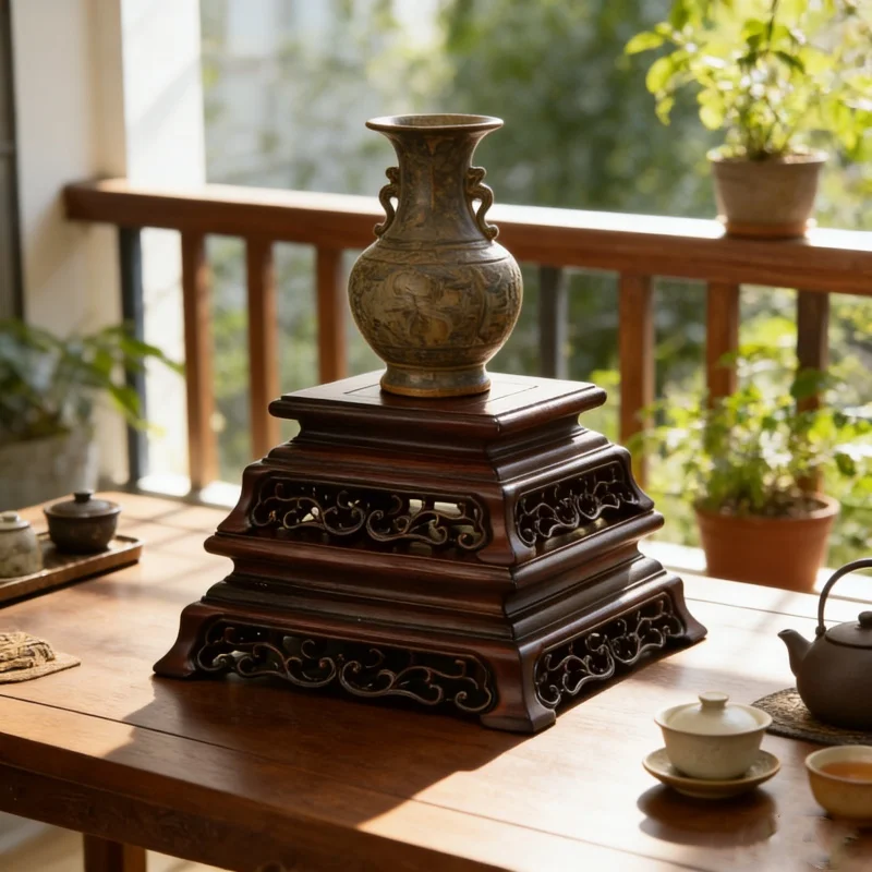 Wooden Carved Coffee Tea Plate Holder Vintage Natural Solid Wood Mini Decoration Base Flower Vase Pot Storage Sculpture Rack