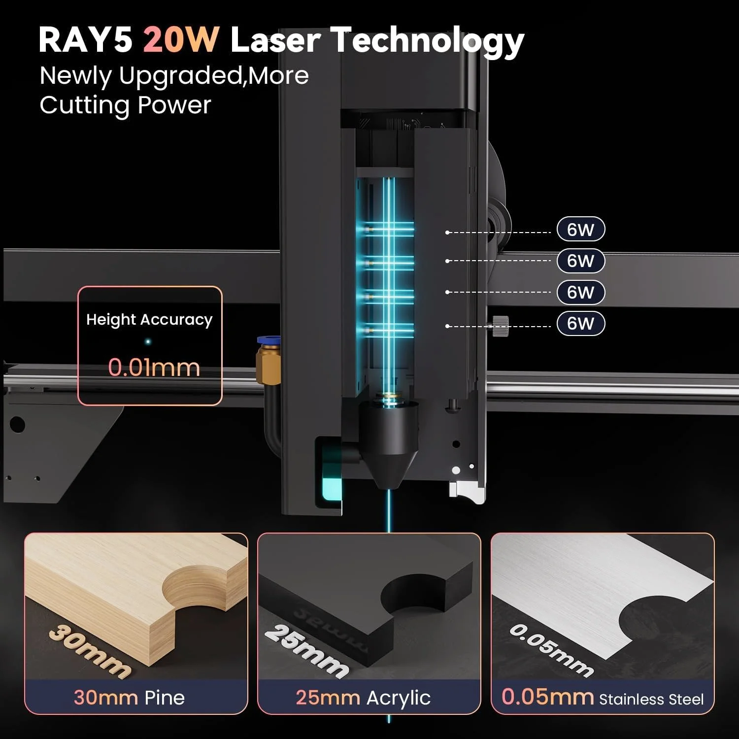 Incisore laser RAY5 da 20 W più lungo con kit Air Assist, rullo rotante 4 in 1 e sollevatore da 16 pezzi, oggetti cilindrici
