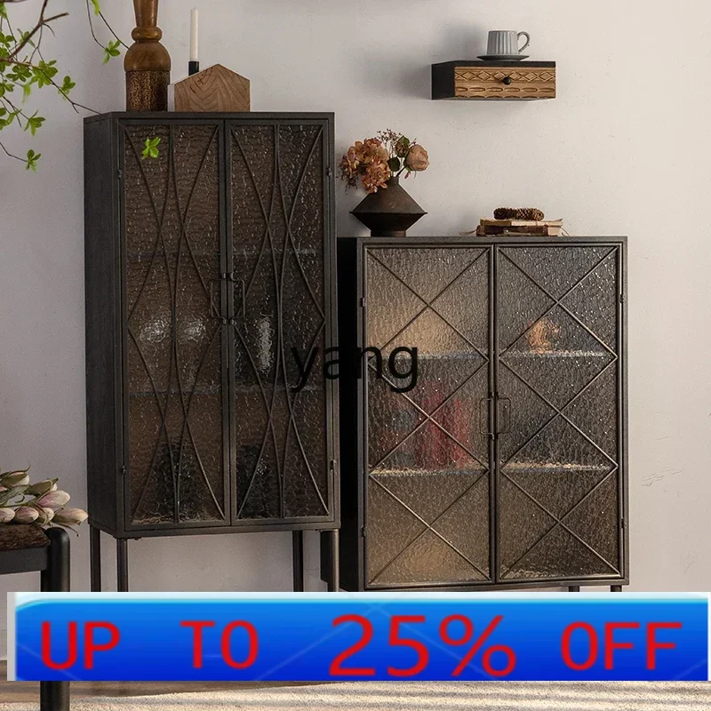 LHH retro wrought iron dining side cabinet, water pattern glass door, living room against the wall, small size sofa side cabinet