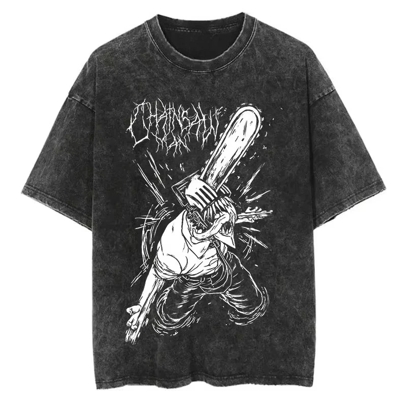 

Chainsaw Man Anime Vintage Washed Cotton 2D T-Shirt Men's Women's Harajuku Short Sleeve Tee Streetwear Unisex Fashion