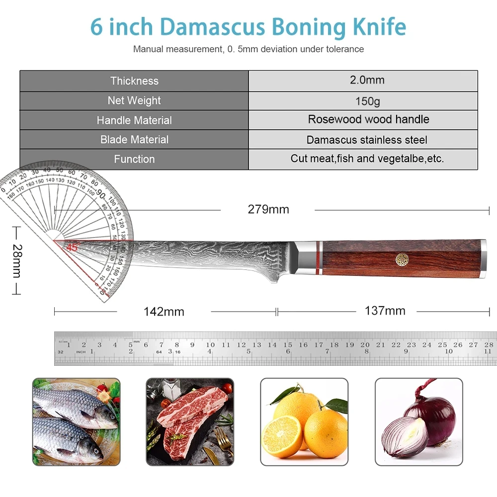 Hand Forged Damascus Steel Boning Knife High Hardness Kitchen Utility Knife Octagon Rosewood Wood Handle with Cowhide Sheath
