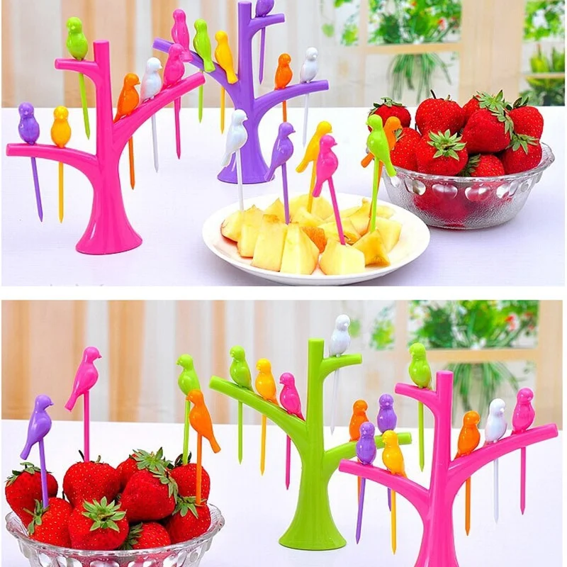 

6pcs Tableware Dinnerware Sets Creative Tree+Birds Design Plastic Fruit Forks