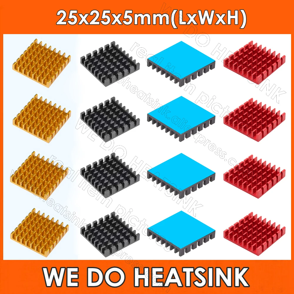 

Wholesale 25x25x5mm Black / Gold / Red Slotted Anodized Aluminum Heatsink IC CPU Radiator With Thermally Conductive Adhesive Pad