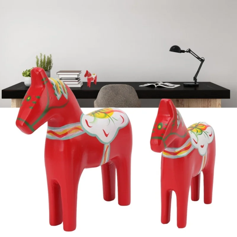 1Pair Wooden Swedish Dala Horse Wooden Dalecarlian Horse Statue Figurine For Ornaments Decoration