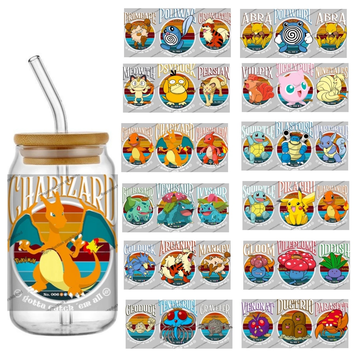 

UV DTF Transfer Stickers pokemon design Cup Wrap For 16OZ Glass Libbey Can Self-adhesive Waterproof Custom DIY Stickers Decals