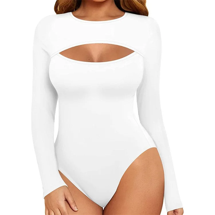 

Sexy Hollow out Long Sleeve Bodysuit Women's Exposing Chest Cross-Border One-Piece Suit Female Mid-Waist Short Pants