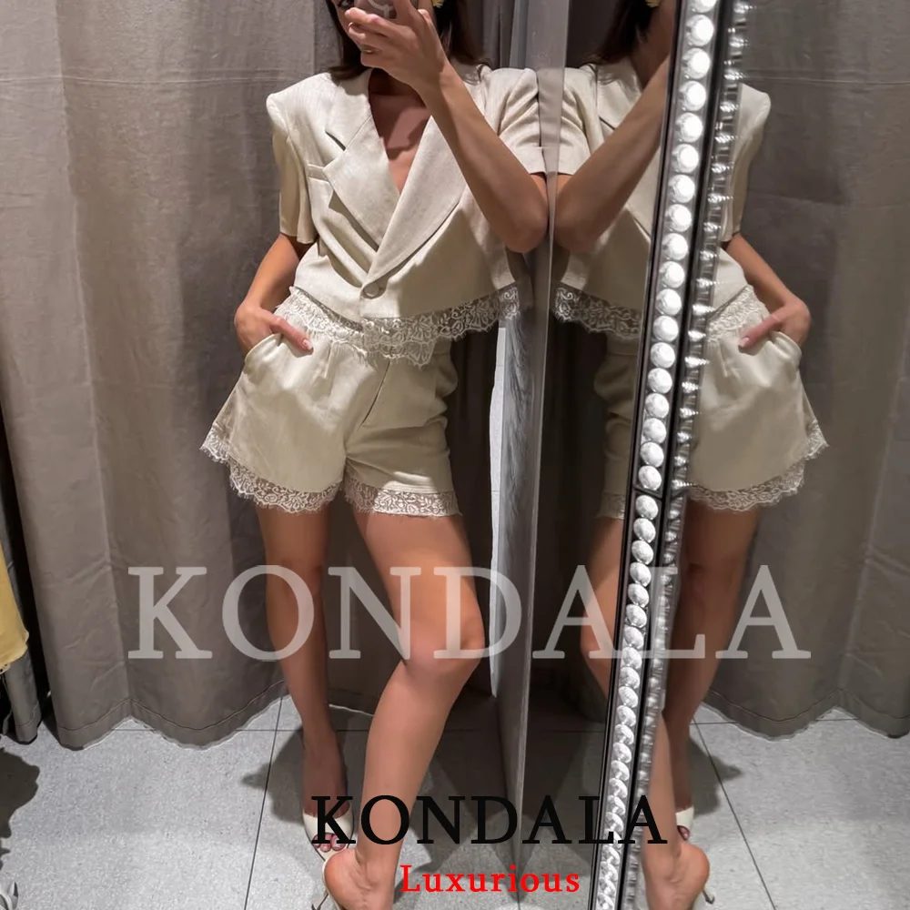 KONDALA Casual Chic Women Solid Suit V Neck Single Button Short Lace Blazer Zipper Pockets Shorts Fashion 2026 Spring Summer Set