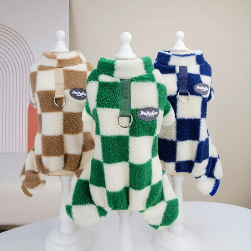 Autumn Winter Dog Clothes Cat Towable Large Plaid Coral Velvet Clothes Warm Four-Legged Jumpsuits Pet Clothing