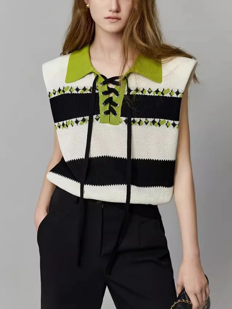

Шикарный вязаный жилет из ледяного шелка с цветными полосками и воротником, корейский стиль, прямой крой, для повседневной носки