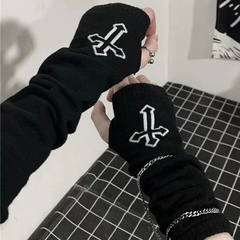Gants gothiques sans doigts pour hommes et femmes, manchette noire, mitaines de coude Cos, chauffe-bras, motif lune pentacle, croix punk, ninja,
