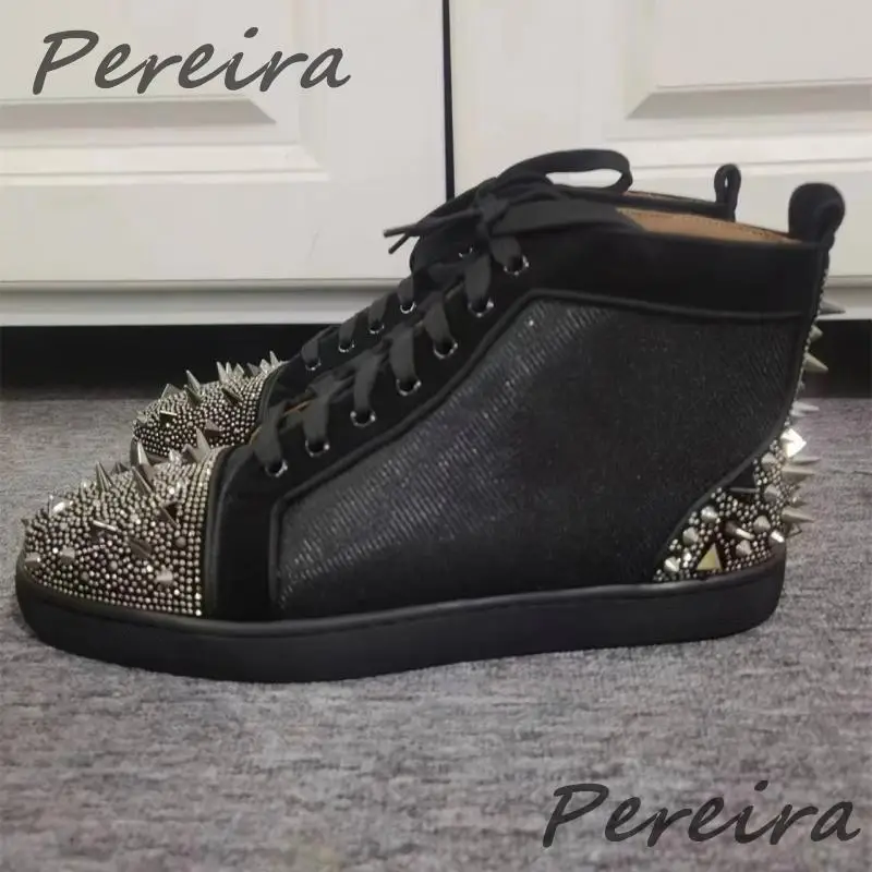 Black Leather High Top Casual Shoes for Men Glitter Spikes Rivets Designer Flats Shoes Walking Women Sneakers Ankle Boots