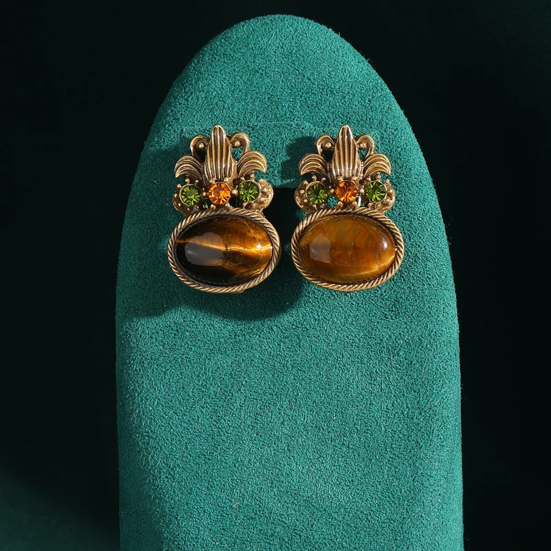 

Antique Jewelry Oval Shape Brown Tiger Eye Natural Stone Vintage Stud Earrings for Women Retro Plant Rhinestones Accessories