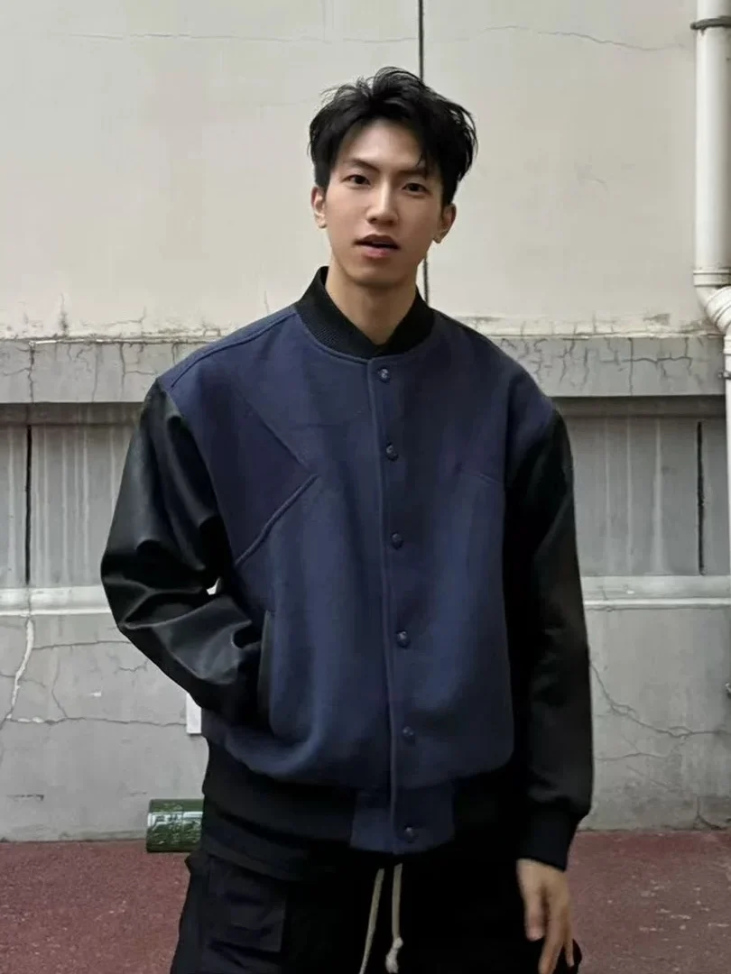 

American Street Sle PU Leather Patchwork Sve Baseball Jaet Loose Casual ex Autumn Winter Faion Outerwear