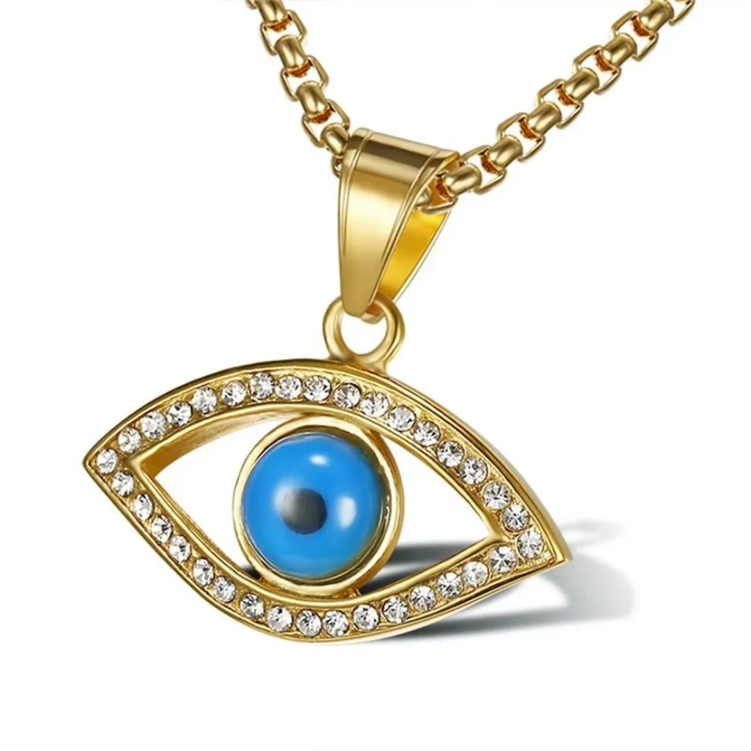 Hiphop Iced Out Tennis Small Blue Evil Eye Pendant Gold Color Stainless Steel Zircon Amulet Necklace for Women Men Jewelry Gift