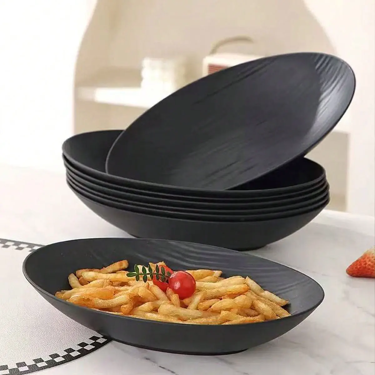 Japanese-style retro plastic dinner plate, household oval bowl, fish plate, salad bowl, cold dish plate, boat-shaped plate, restaurant plate, 2pcs