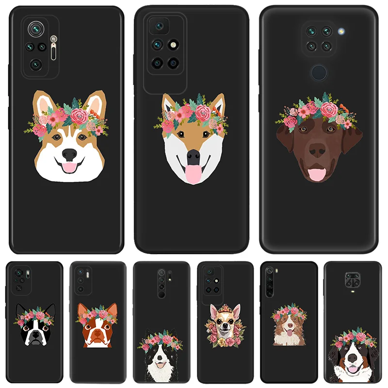 Phone Case For Redmi Note 10 9 9s 8 8t 9t 10s 9c 9a 7 10c Border Collie flower crown Xiaomi 10tPro Note10 Lite Black Cases Cover