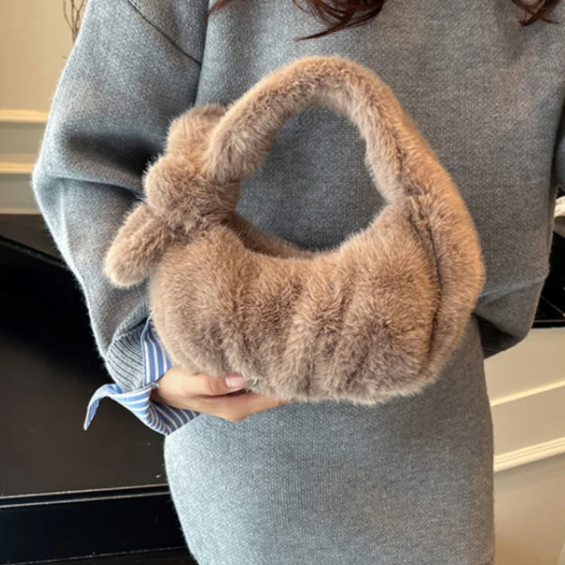 

Милая плюшевая сумка-тоут, модная мягкая зимняя сумка для пельменей из искусственного меха, плиссированный кошелек на молнии, простая однотонная сумка-облако, французский браслет