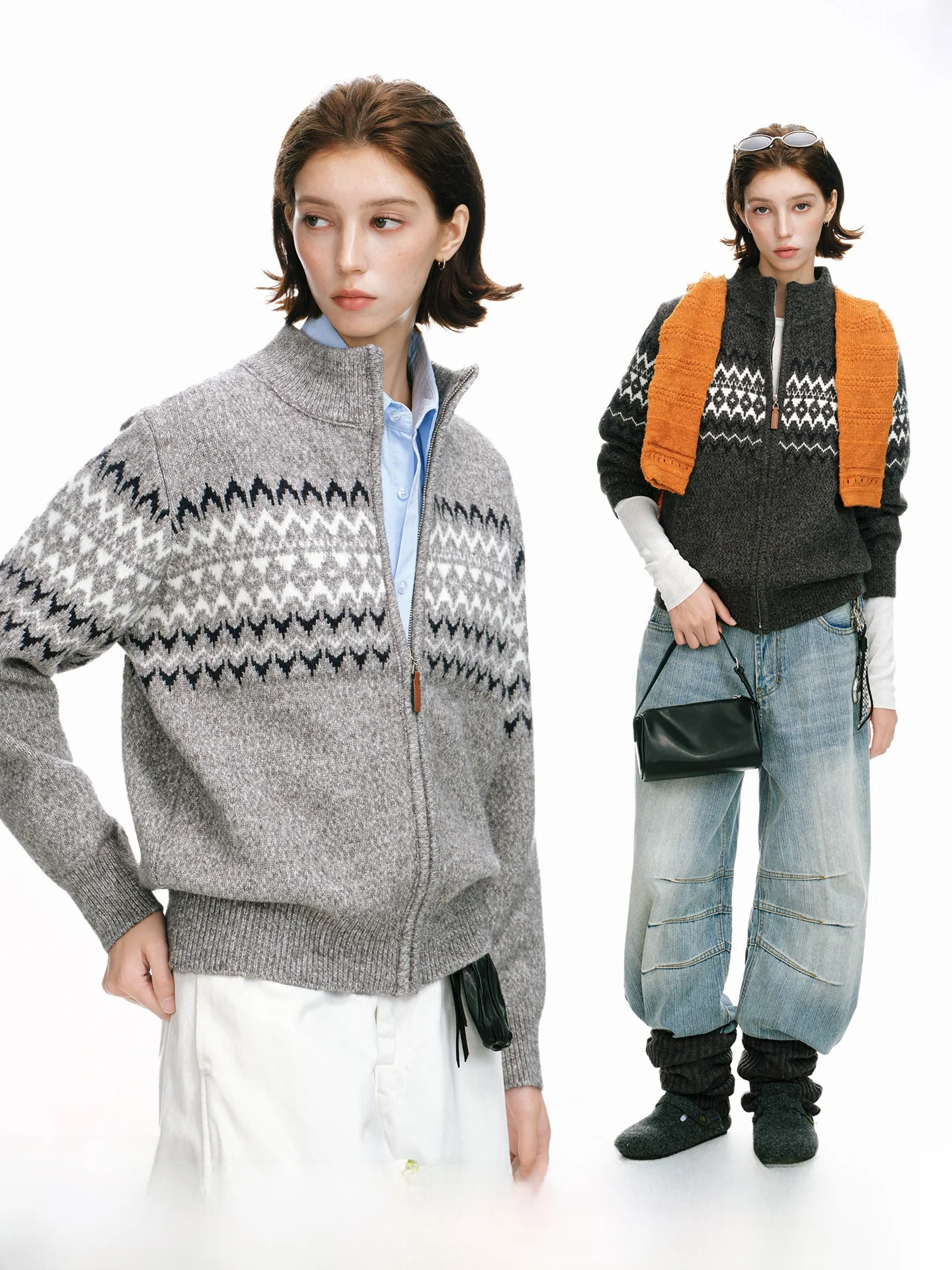 Dream Made American Style Fair Isle Knitted Sweater Coat Couple Model Half High Collar Men Women Winter Season Regular Sleeve