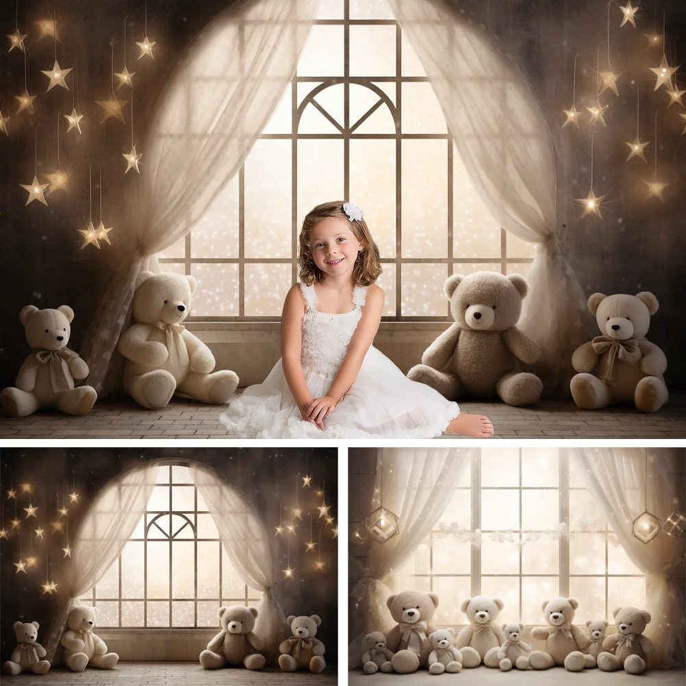 

Cake Smash Photography Valentin Backdrop Toy Bear Window Curtain Romantic Warm Atmosphere Baby Birthday Background Photo Studio