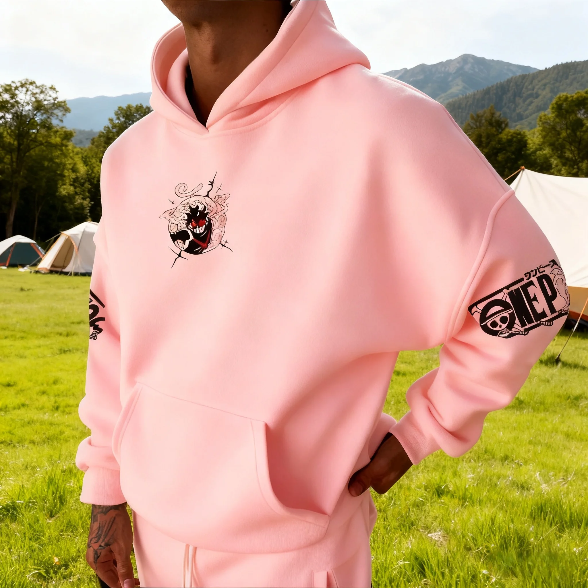 One Piece Anime Luffy Gear Fifth Transformation Cotton Hoodie Pink Character Print Casual Streetwear Long Sleeve Pullover Unisex